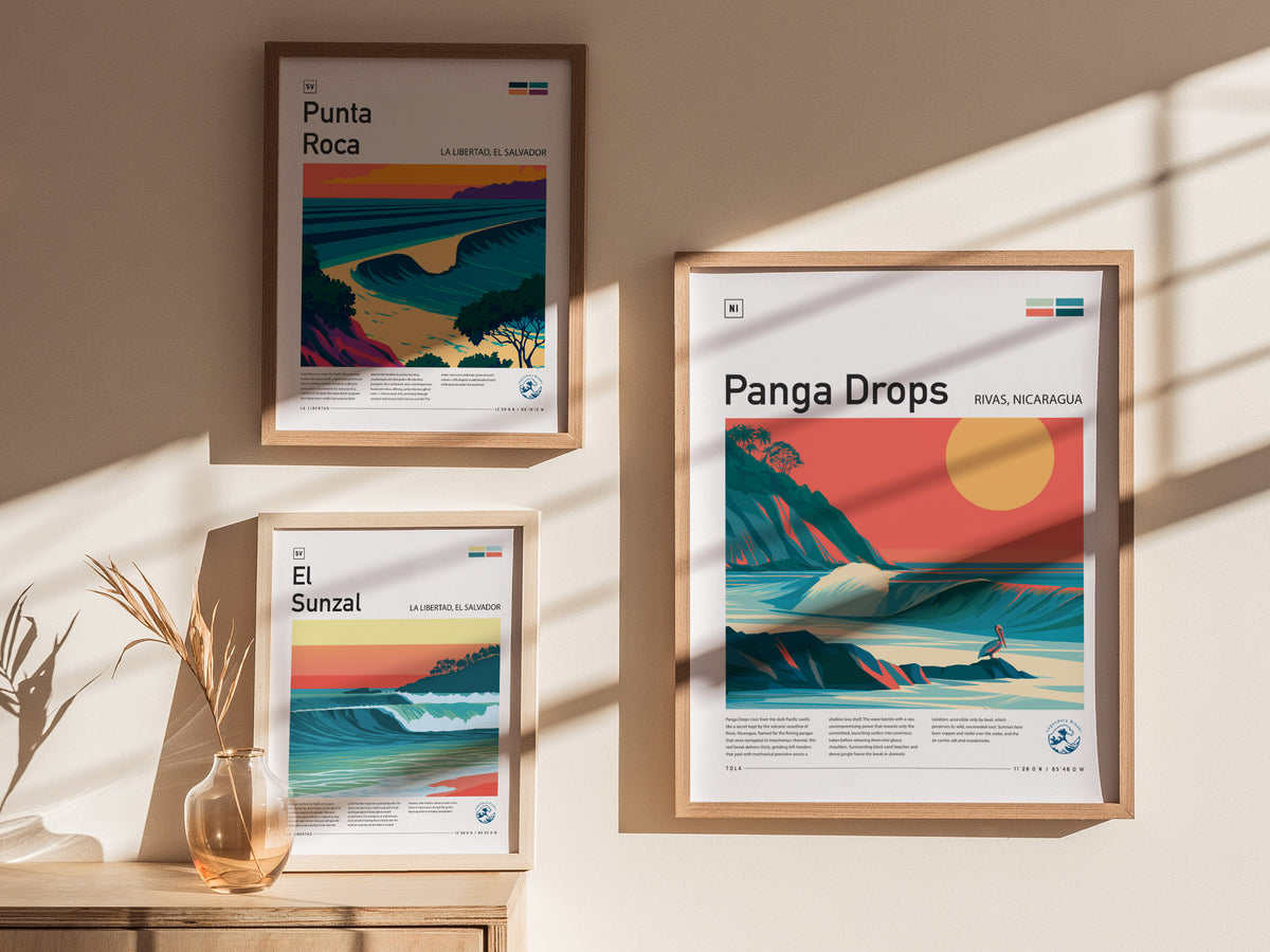 Panga Drops, Rivas, Nicaragua Poster | Tropical Surf Wall Art — styled in a modern interior
