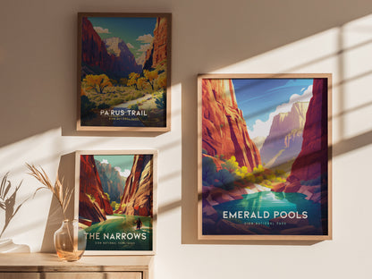 Three framed posters of Zion National Park landscapes are displayed on a sunlit wall. The posters depict Parus Trail, The Narrows, and Emerald Pools with vibrant, colorful illustrations.