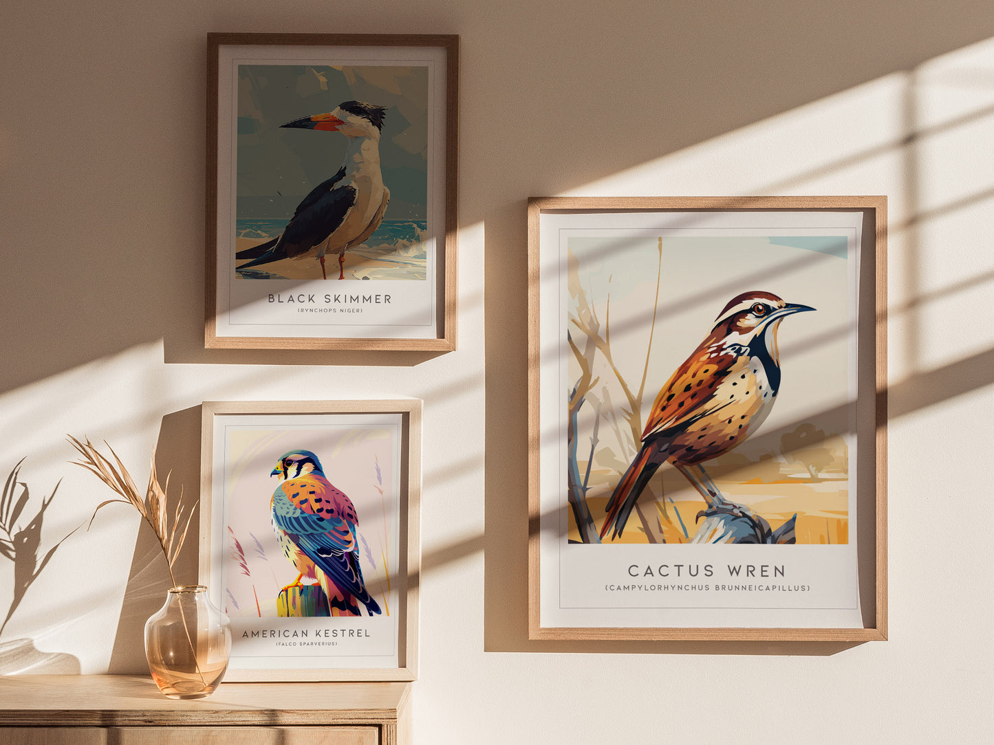Cactus Wren Poster | Desert Songbird & Blooming Cactus Wall Art — styled in a modern interior