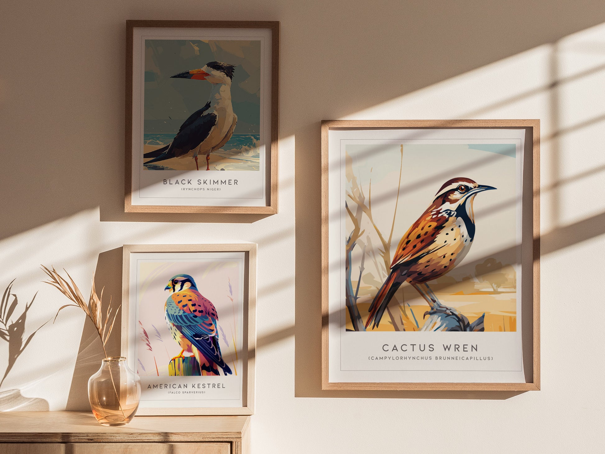 Cactus Wren Poster | Desert Songbird & Blooming Cactus Wall Art — styled in a modern interior