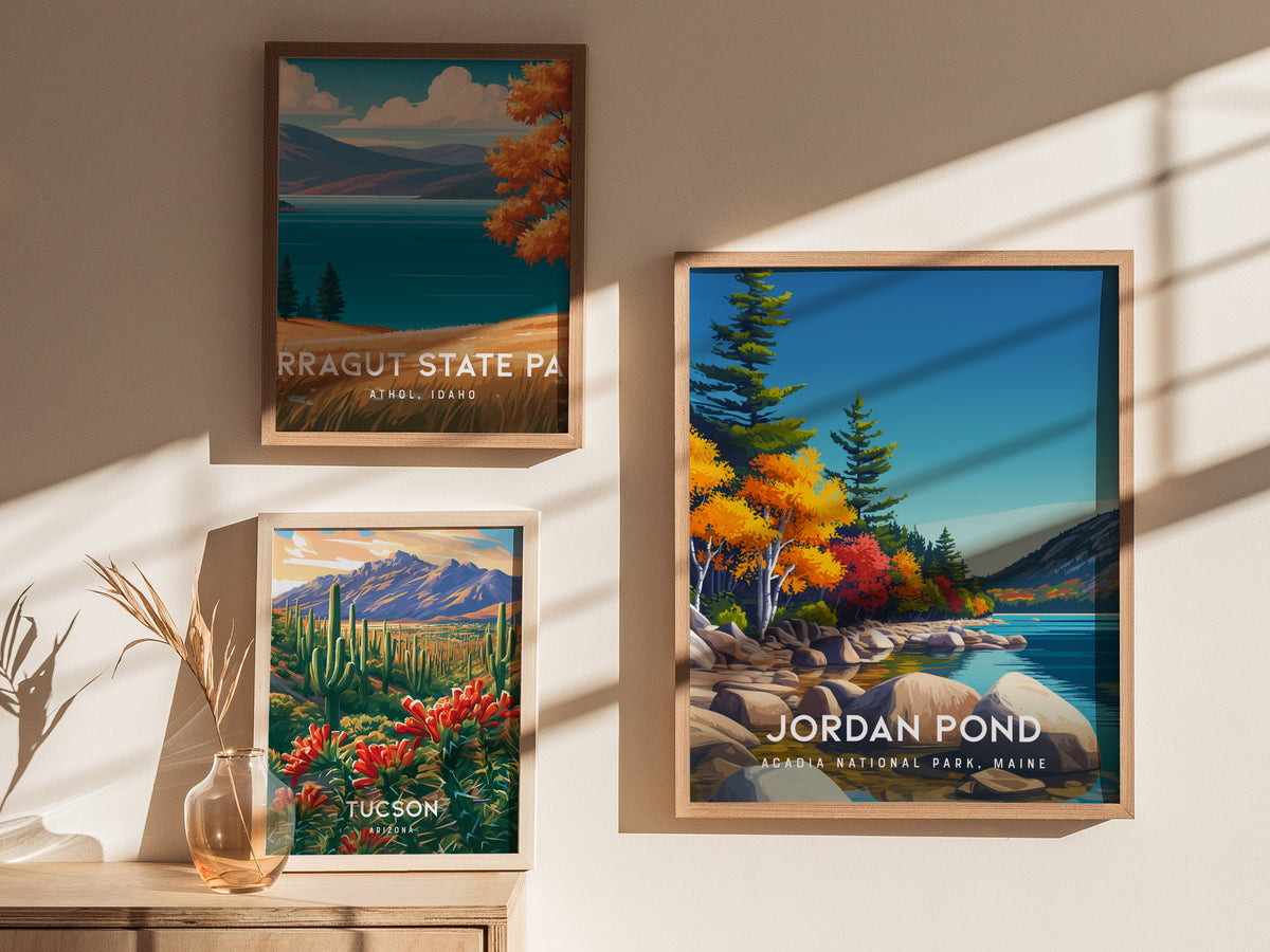 Jordan Pond, Acadia National Park, Maine Poster | Coastal Beach Decor Wall Art — styled in a modern interior