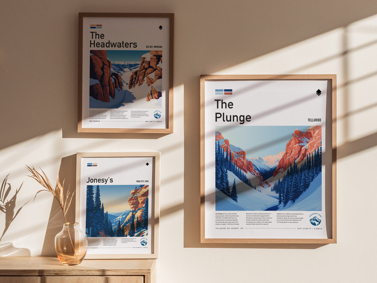 The Plunge, Telluride Poster | Alpine Ski Run Mountain Poster Wall Art — styled in a modern interior