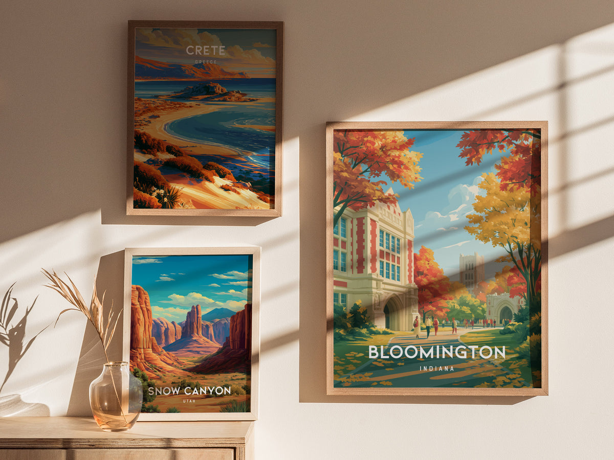 Bloomington, Indiana Poster | College Town Charm Travel Gift Wall Art — styled in a modern interior