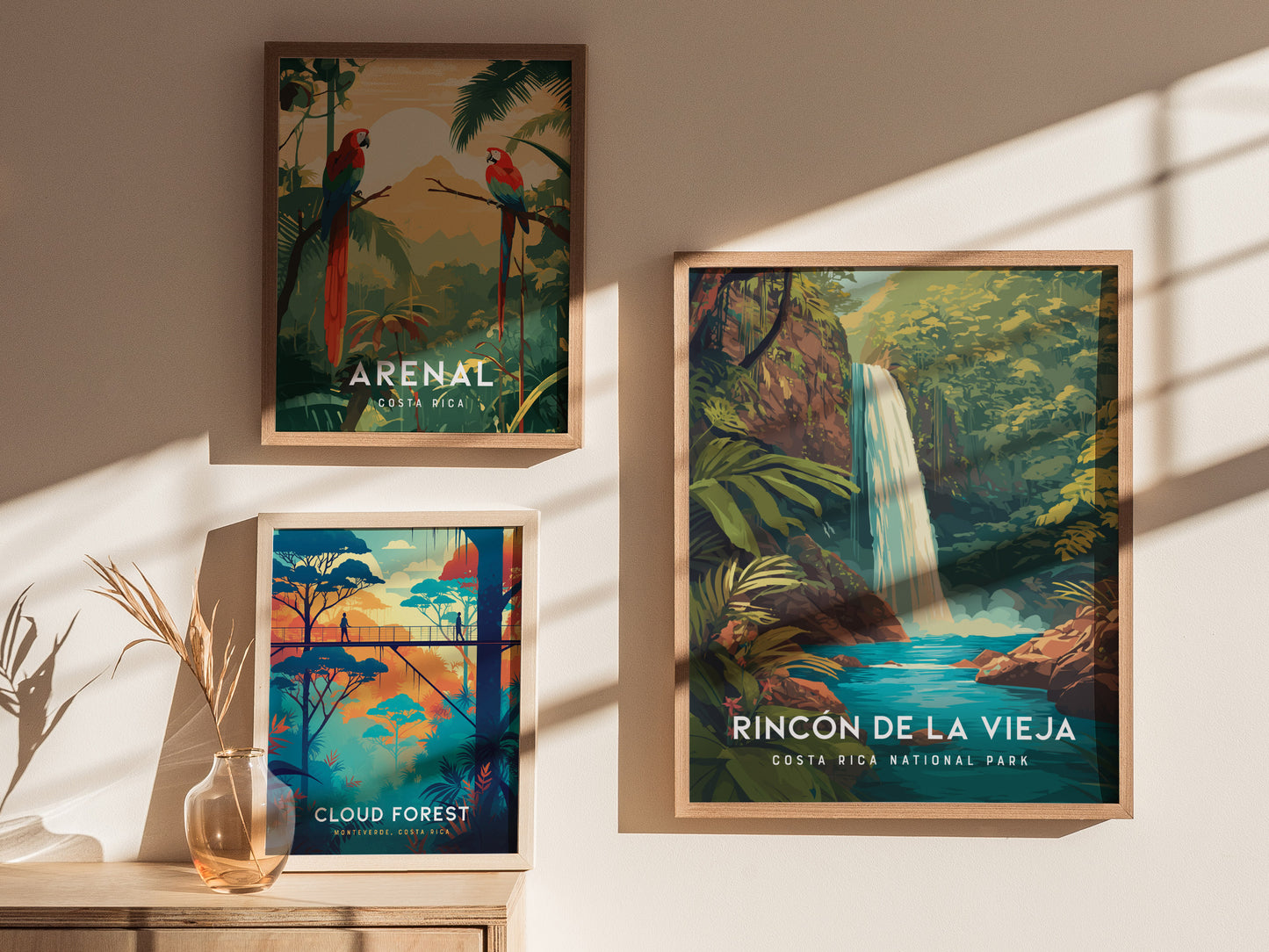 Stylized tropical waterfall cascading into a blue pool, framed by vibrant green foliage in Rincón de la Vieja wall art.