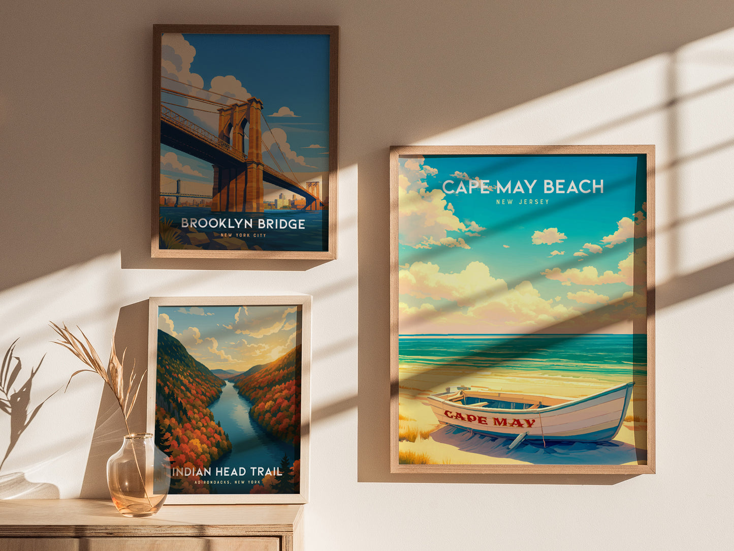 Cape May Beach, New Jersey Poster | Victorian Shore & Sunset Coastal Beach Decor — styled in a modern interior