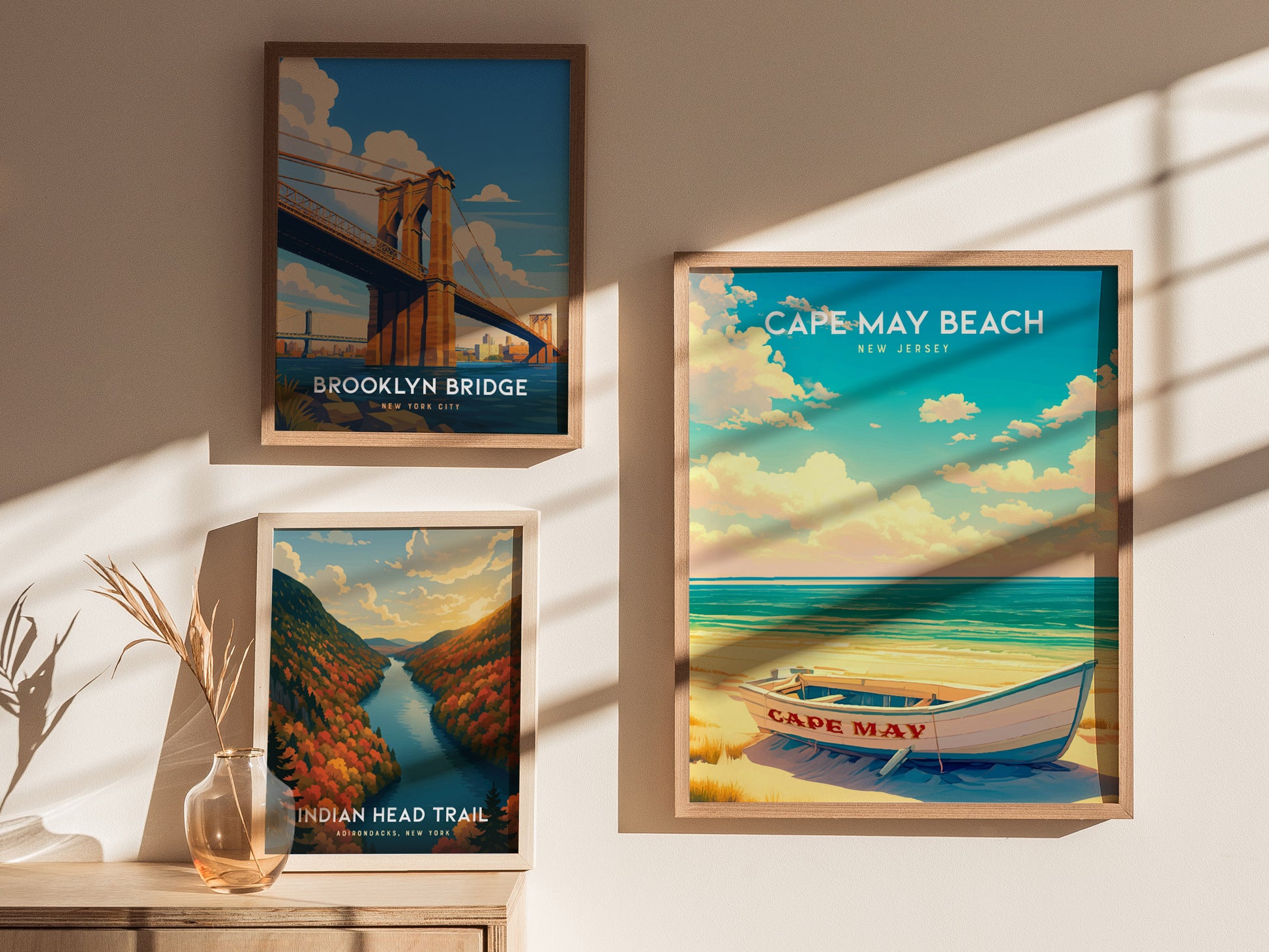 Cape May Beach, New Jersey Poster | Victorian Shore & Sunset Coastal Beach Decor — styled in a modern interior