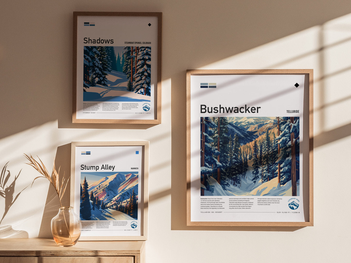 Bushwacker, Telluride Poster | Bold Ski Run Mountain Wall Art — styled in a modern interior