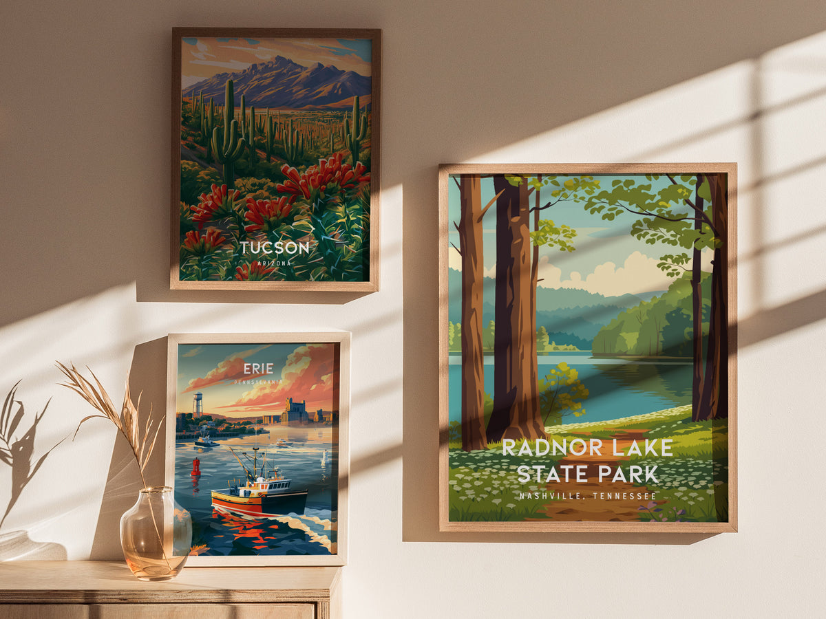 Radnor Lake State Park, Nashville, Tennessee Poster | Woodland Lake Serenity Travel Wall Art — styled in a modern interior