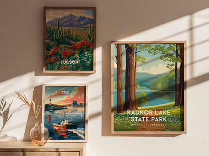 Radnor Lake State Park, Nashville, Tennessee Poster | Woodland Lake Serenity Travel Wall Art — styled in a modern interior