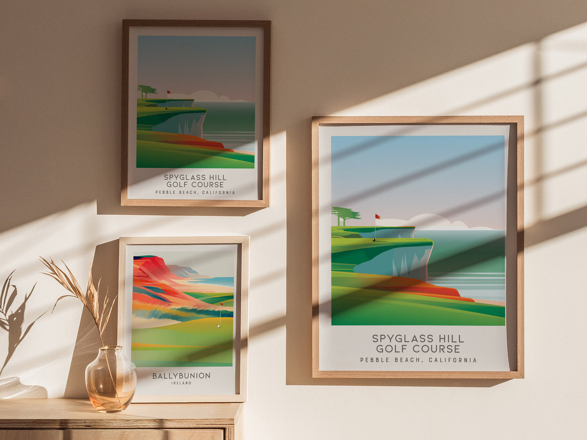 Spyglass Hill Golf Course Matte Border Poster | Pebble Beach, California Travel Wall Art — styled in a modern interior