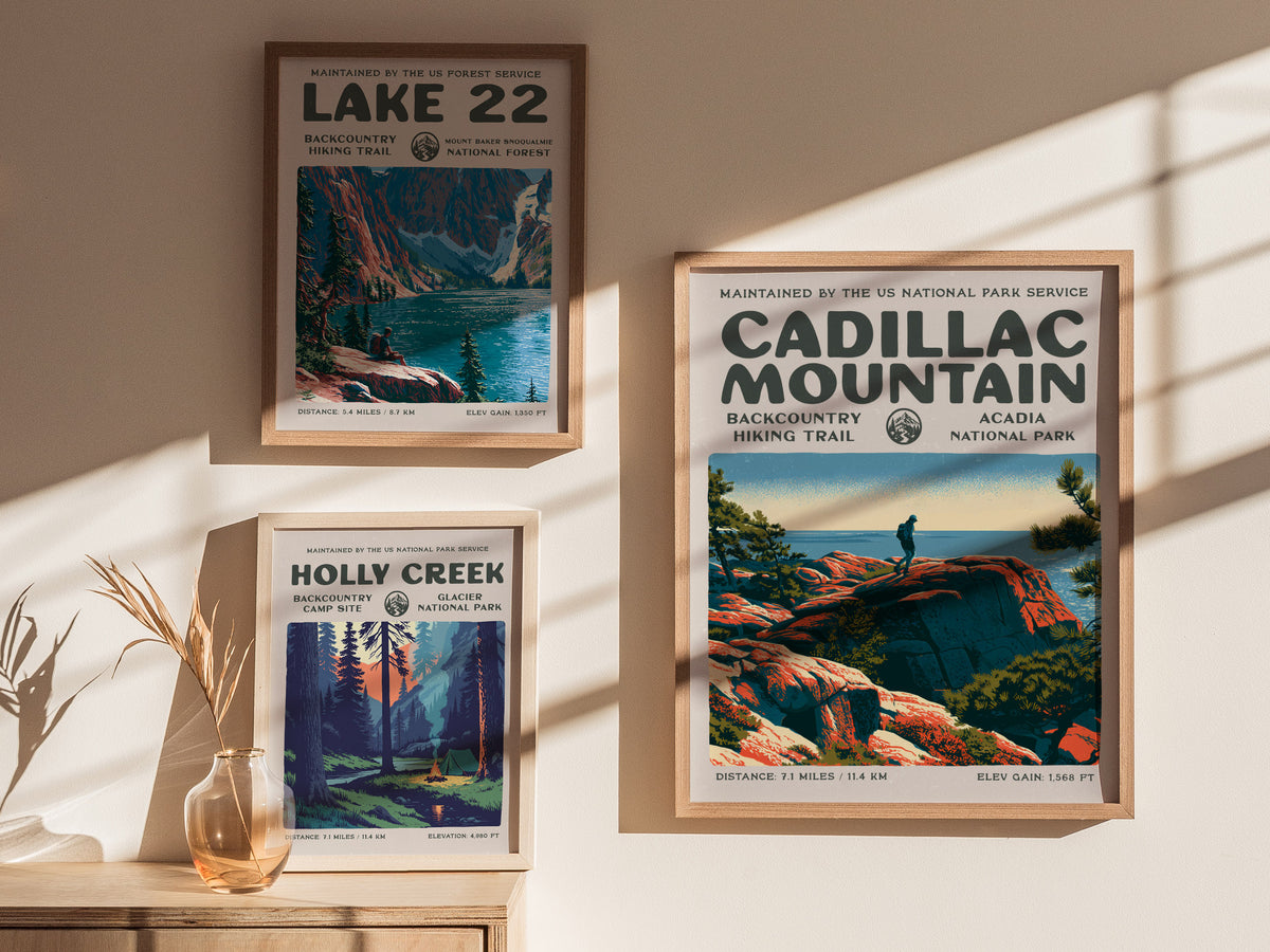 Cadillac Mountain, Acadia National Park Poster | Hiker Gift | Backcountry Trail Block Print Wall Art — styled in a modern int