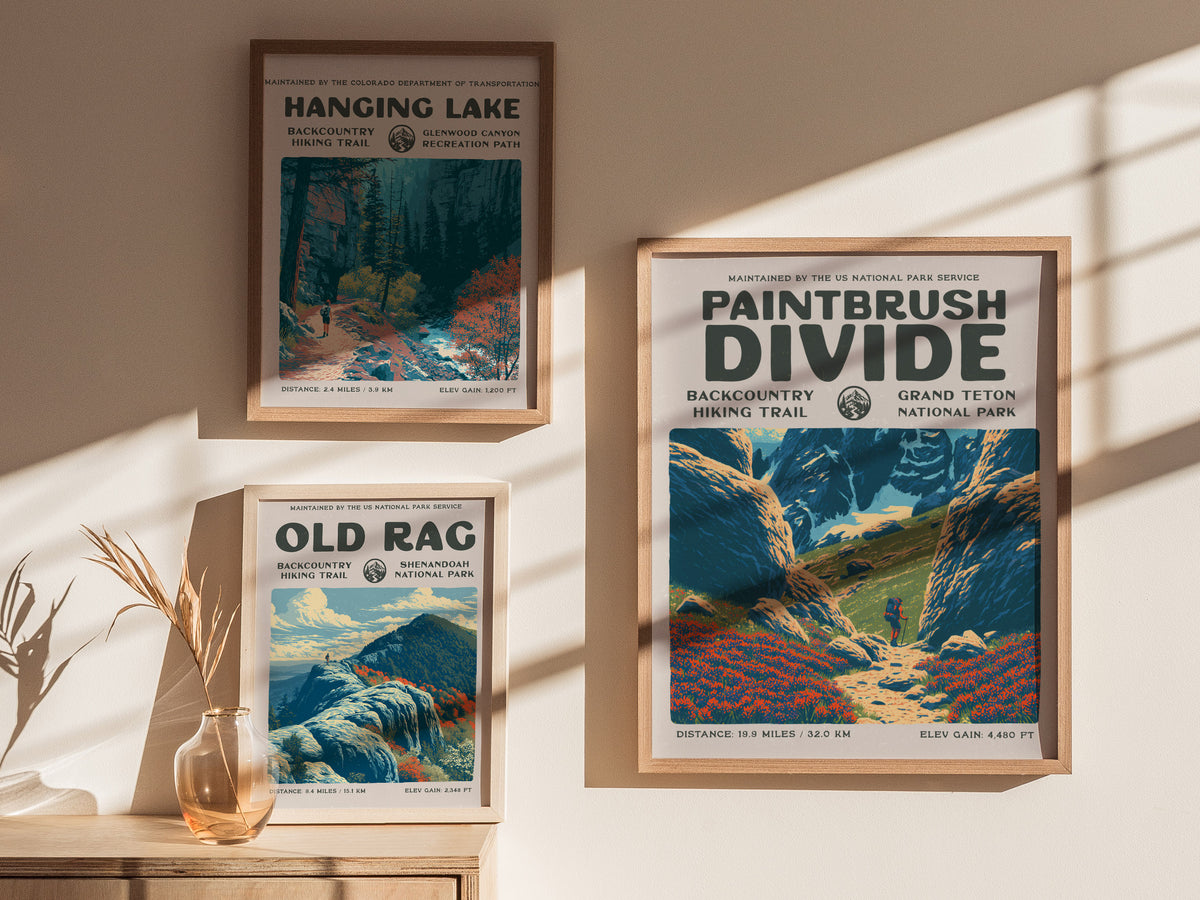 Paintbrush Divide, Grand Teton National Park Poster | Hiker Gift | Backcountry Trail Wall Art — styled in a modern interior
