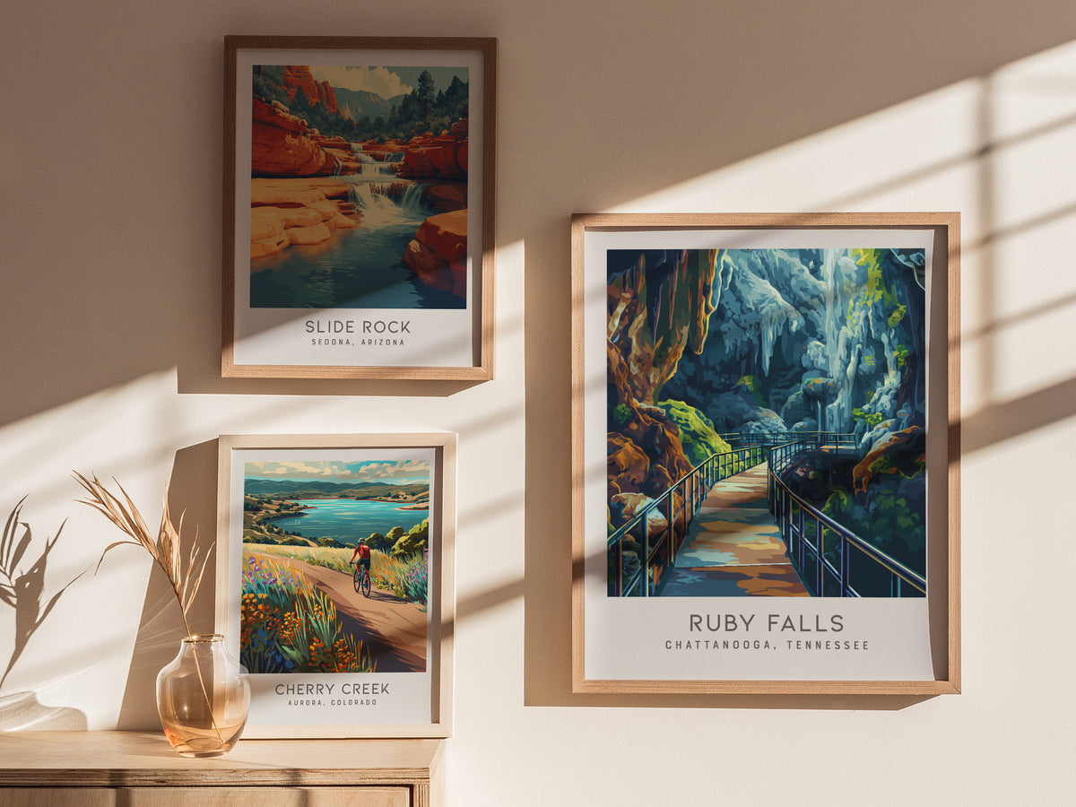 Ruby Falls Matte Border Poster | Chattanooga, Tennessee Destination Print — styled in a modern interior