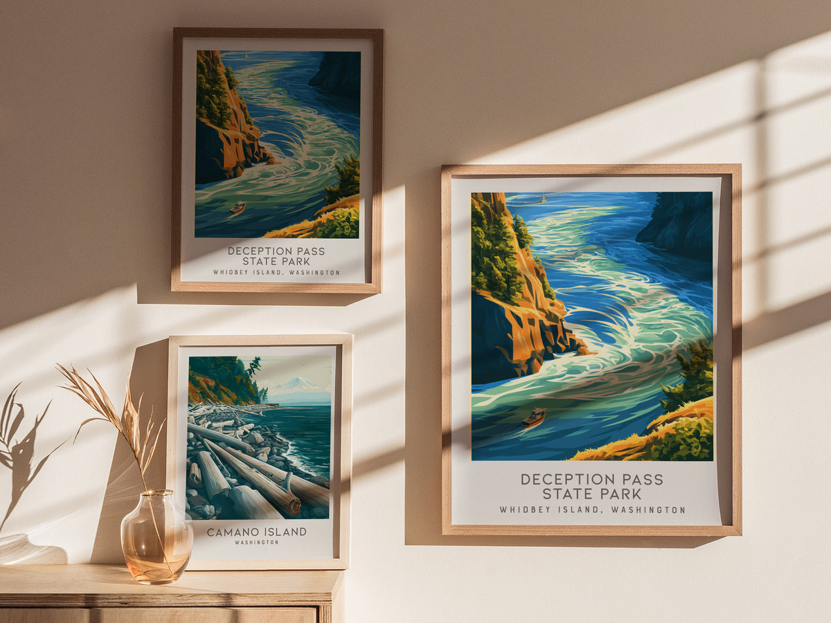 Deception Pass State Park Matte Border Poster | Whidbey Island, Washington Coastal Beach Decor — styled in a modern interior