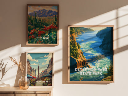 Deception Pass State Park, Whidbey Island, Washington Poster | Dramatic Bridge & Emerald Waters Wall Art — styled in a modern