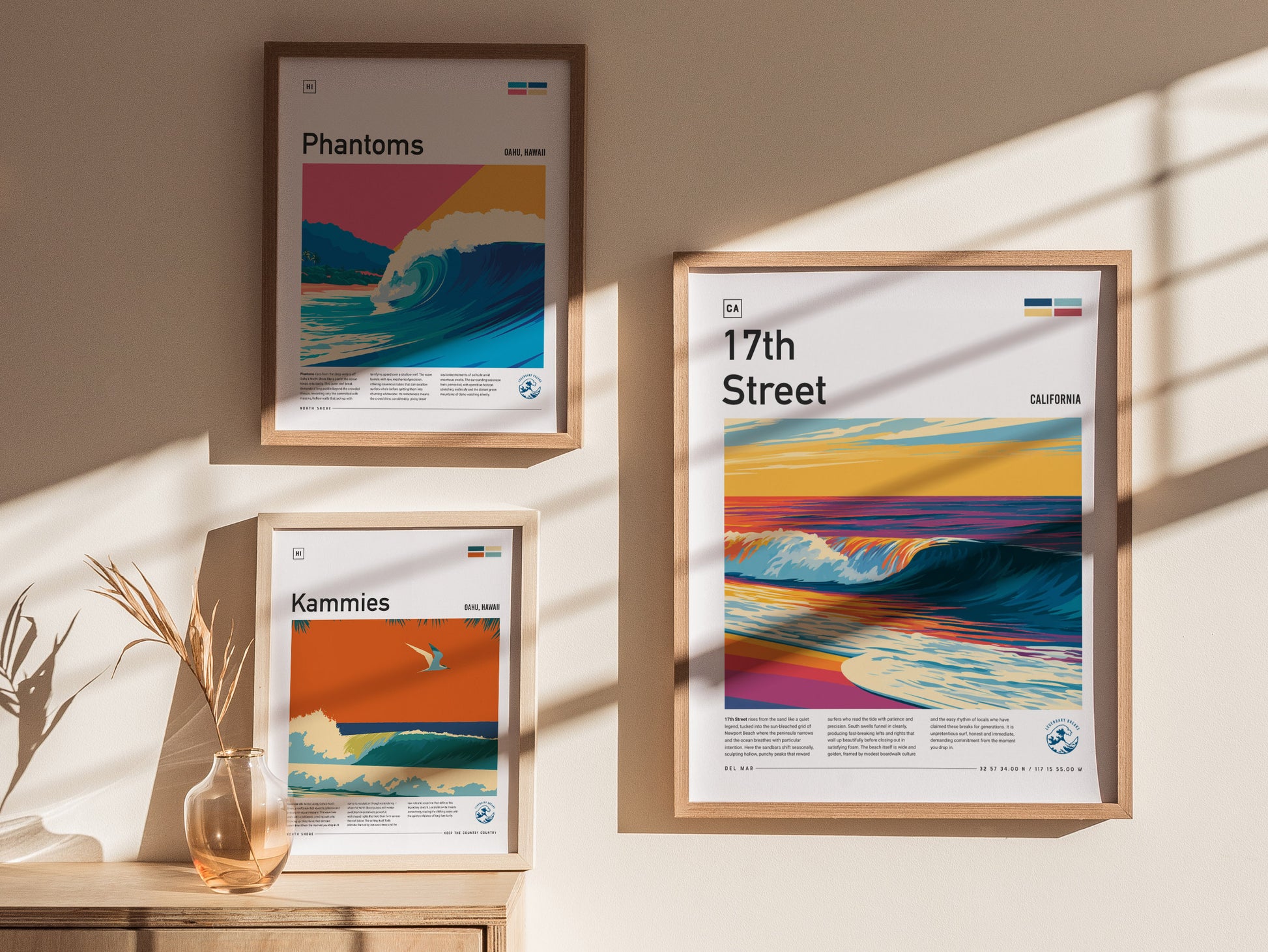 17th Street, Florida Poster | Golden Hour Surf Break Wall Art — styled in a modern interior