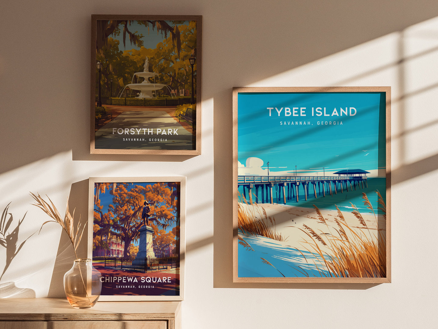 Three framed posters on a wall depict Savannah, Georgia scenes: Tybee Island with a pier, Forsyth Park with a fountain, and Chippewa Square with a statue, all bathed in sunlight.
