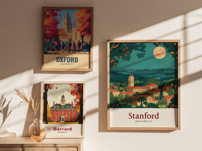 Three framed university posters on a wall depict Oxford, Harvard, and Stanford. Each poster features iconic campus architecture and vibrant, seasonal landscapes under soft, natural lighting.
