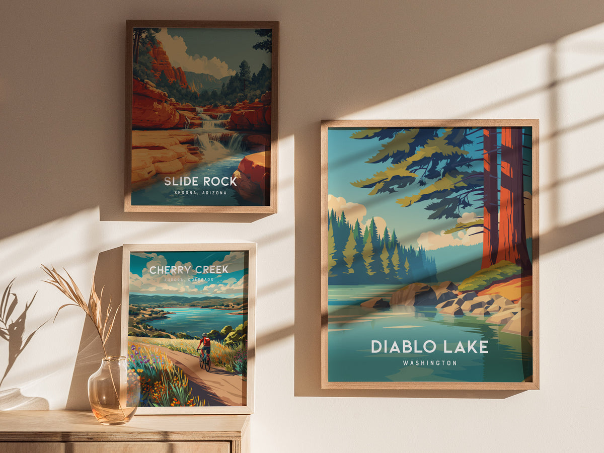 Diablo Lake, Washington Poster | Alpine Wilderness Destination Print Wall Art — styled in a modern interior