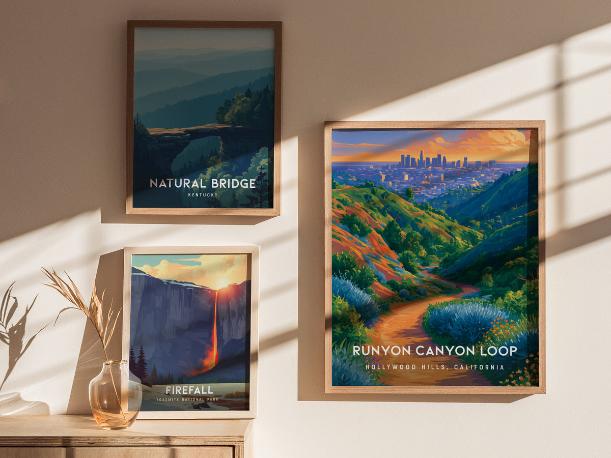 Runyon Canyon Loop, Hollywood Hills, California Poster | Hiking Trail & City Skyline Wall Art — styled in a modern interior