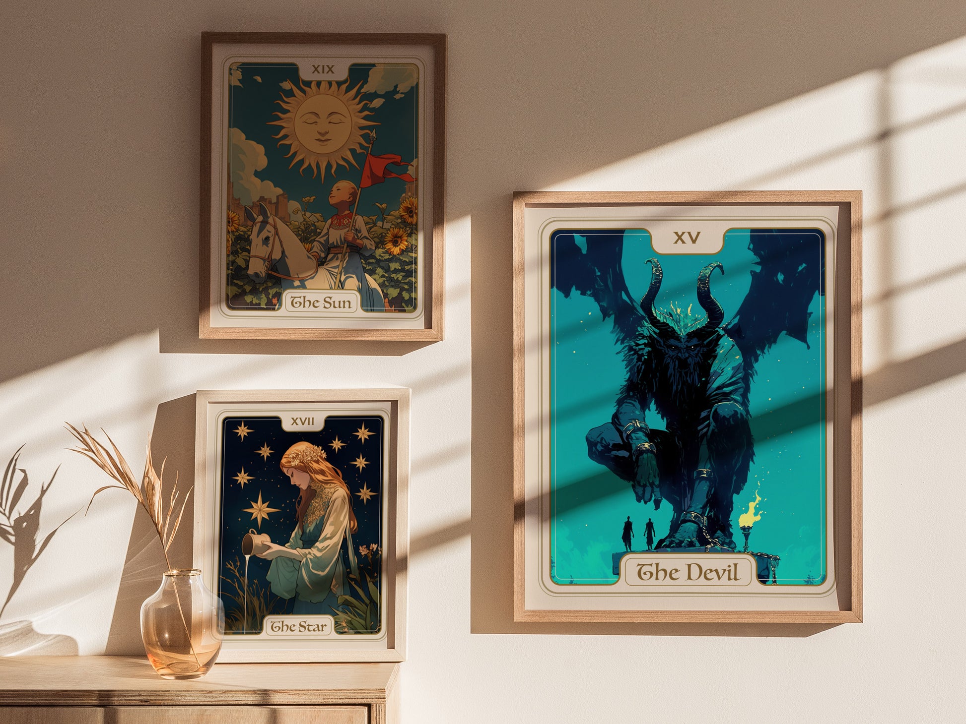 Stylized tarot card "The Devil" features a dark horned creature with glowing eyes, flames, and chains, in vivid blues and yellows.