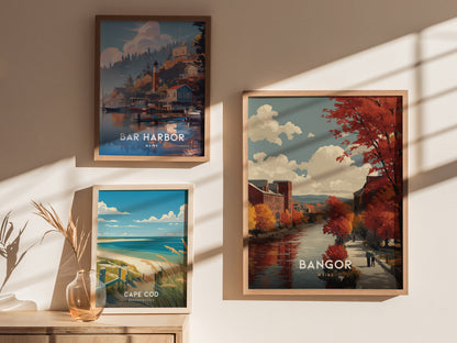 Framed Bangor Maine autumn river scene art print with vibrant foliage, nostalgic colors, and a serene, picturesque composition.