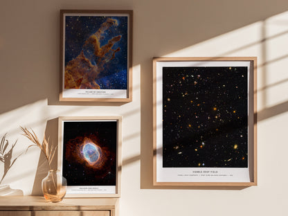Gallery wall featuring the Hubble Deep Field poster paired with other NASA deep space prints