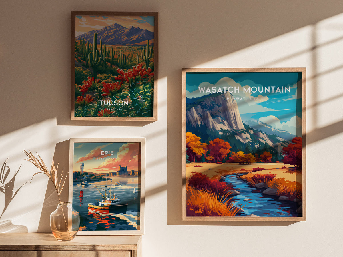 Wasatch Mountain, Midway, Utah Poster | Alpine Meadow & Peak Destination Print Wall Art — styled in a modern interior