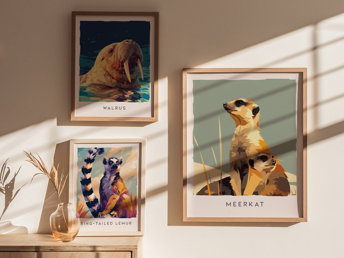 Meerkat, Suricata suricatta Poster | Bold Safari Wildlife Wall Art — styled in a modern interior