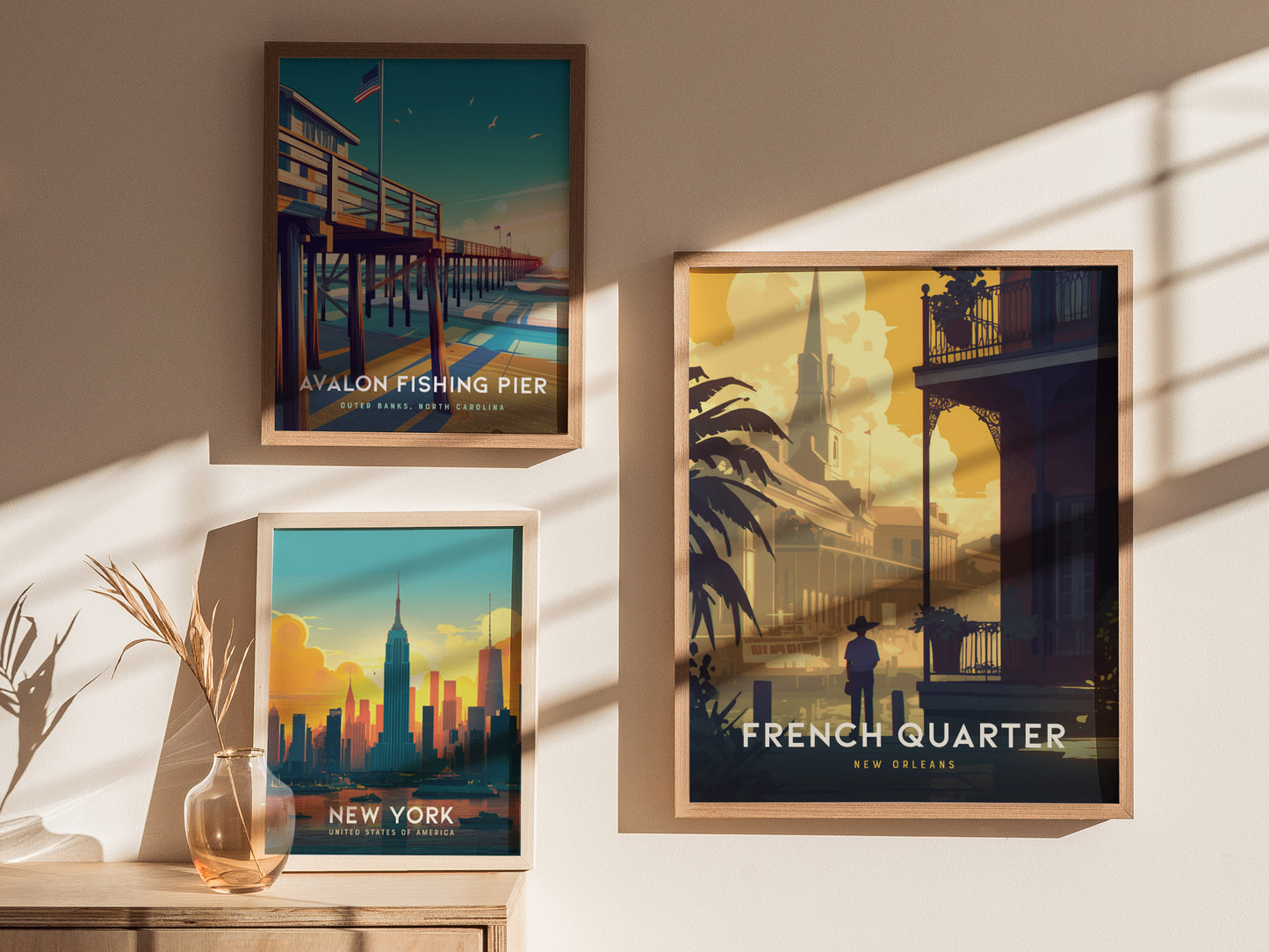 Three framed posters are displayed on a sunlit wall: Avalon Fishing Pier, New York skyline, and French Quarter New Orleans, all showcasing vibrant, stylized cityscapes.