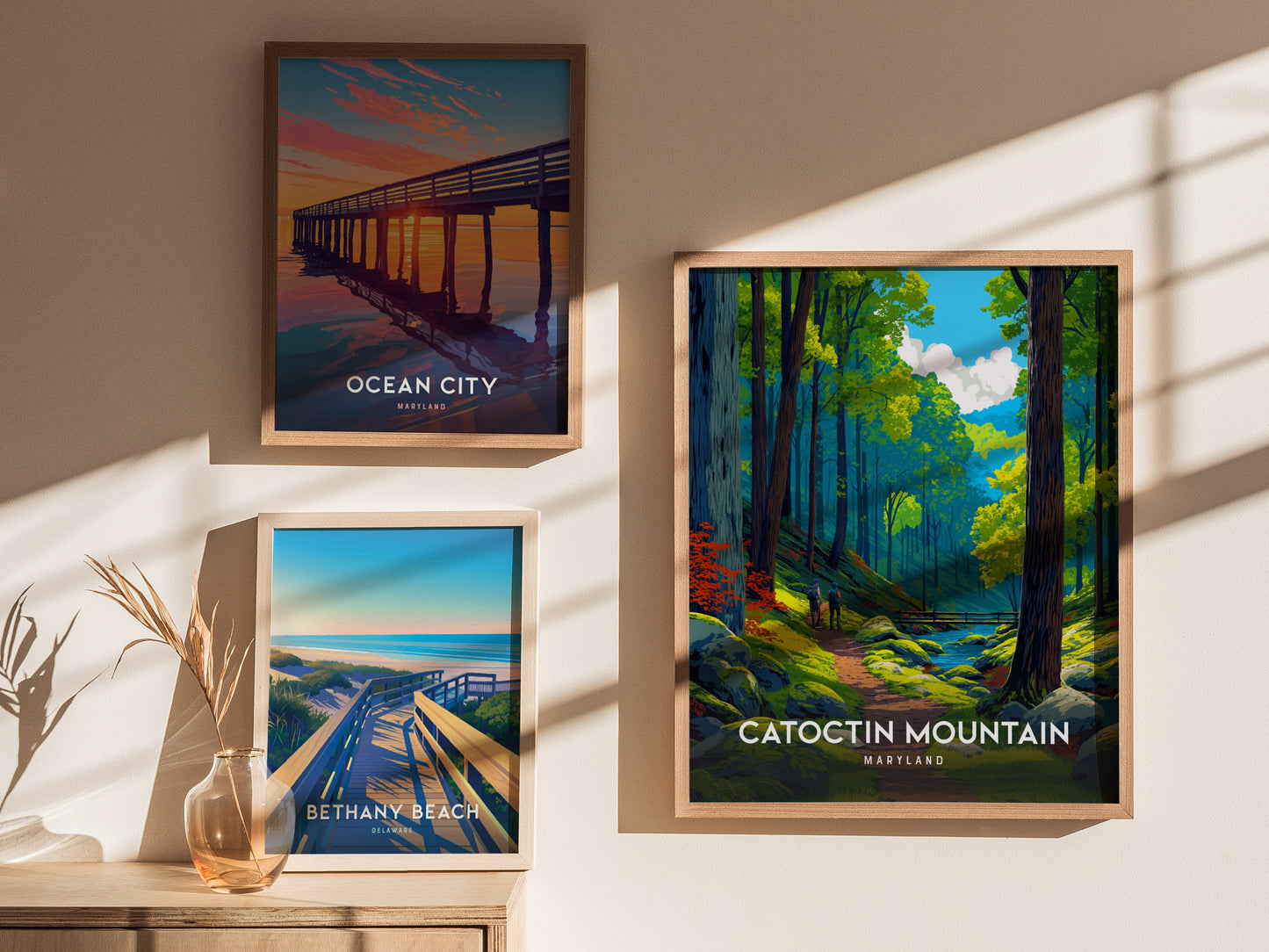 Framed Catoctin Mountain travel art print featuring a vibrant forest path, tall trees, and two figures exploring nature in Maryland.