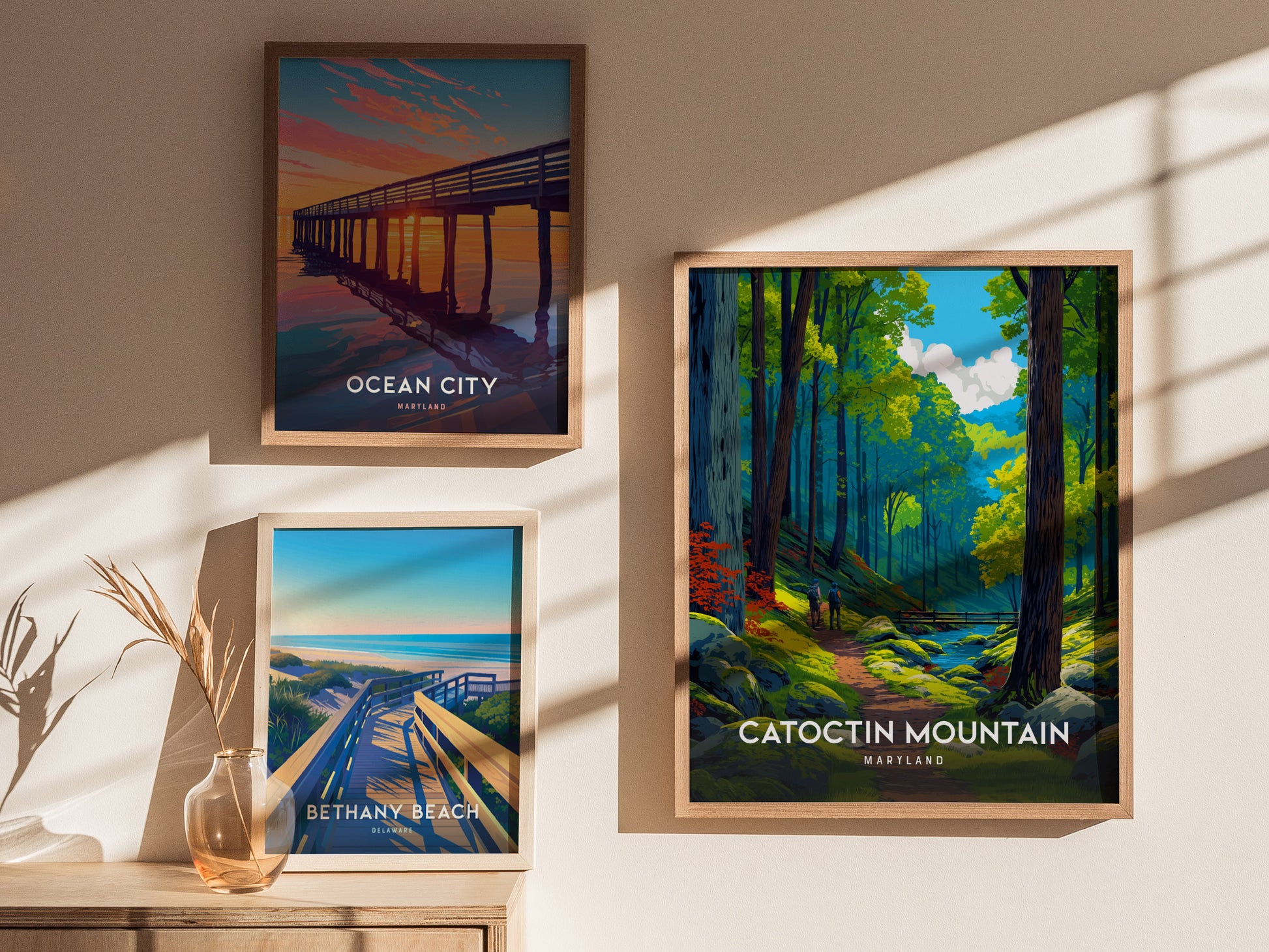 Framed Catoctin Mountain travel art print featuring a vibrant forest path, tall trees, and two figures exploring nature in Maryland.
