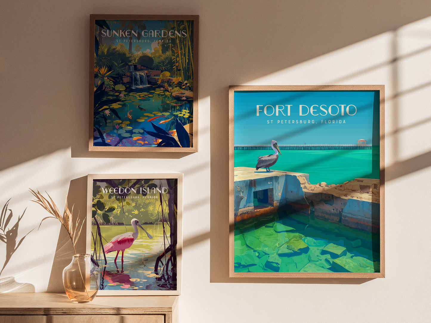 Three framed posters are displayed on a wall with sunlight casting shadows. The posters depict Sunken Gardens, Weedon Island, and Fort Desoto in St. Petersburg, Florida.