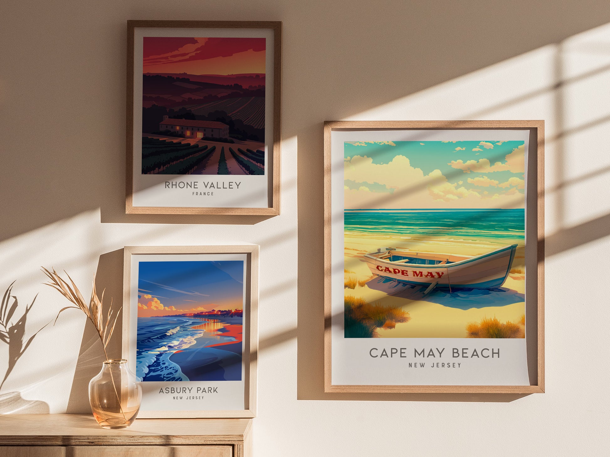 Cape May Beach Matte Border Poster | New Jersey Vacation Wall Art — styled in a modern interior