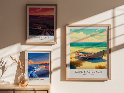 Cape May Beach Matte Border Poster | New Jersey Vacation Wall Art — styled in a modern interior