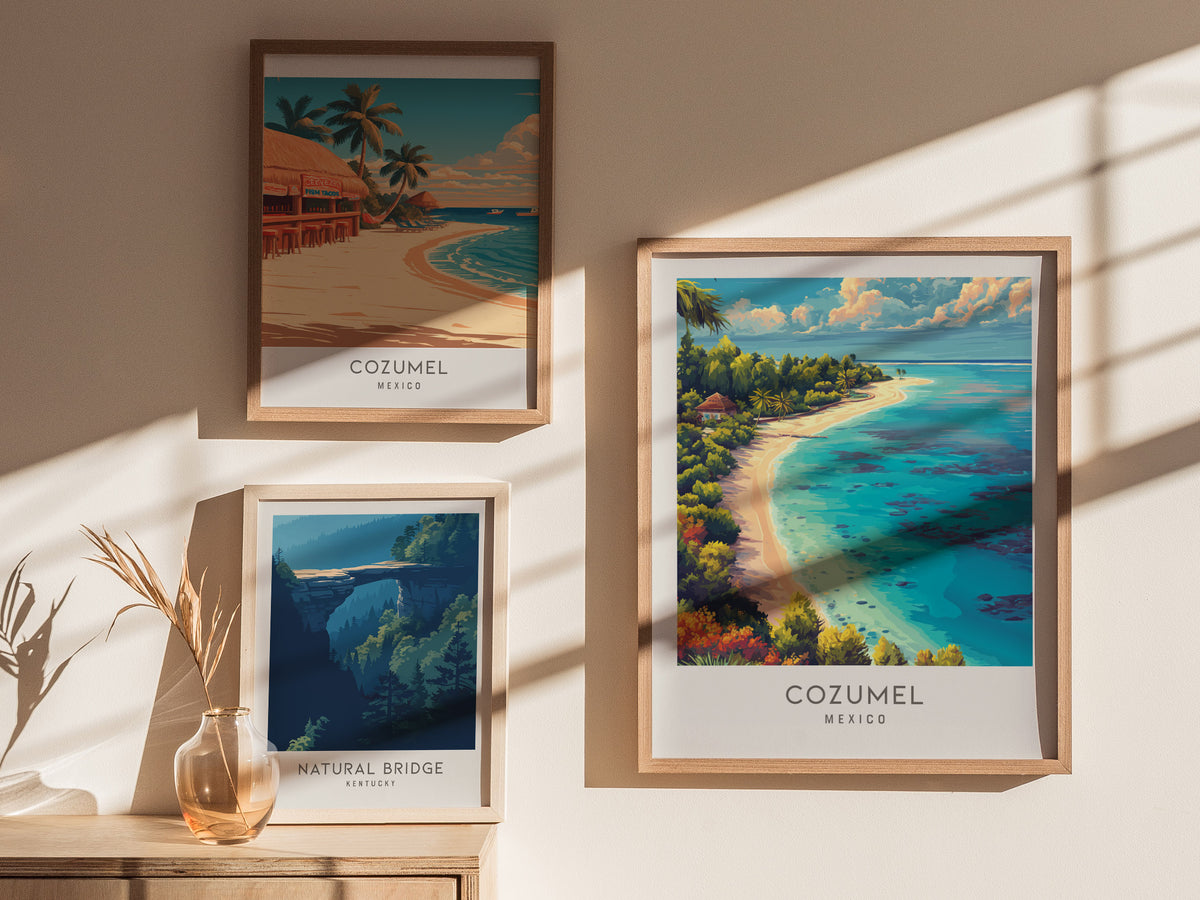 Cozumel Matte Border Poster | Mexico Coastal Beach Decor Vacation Wall Art — styled in a modern interior