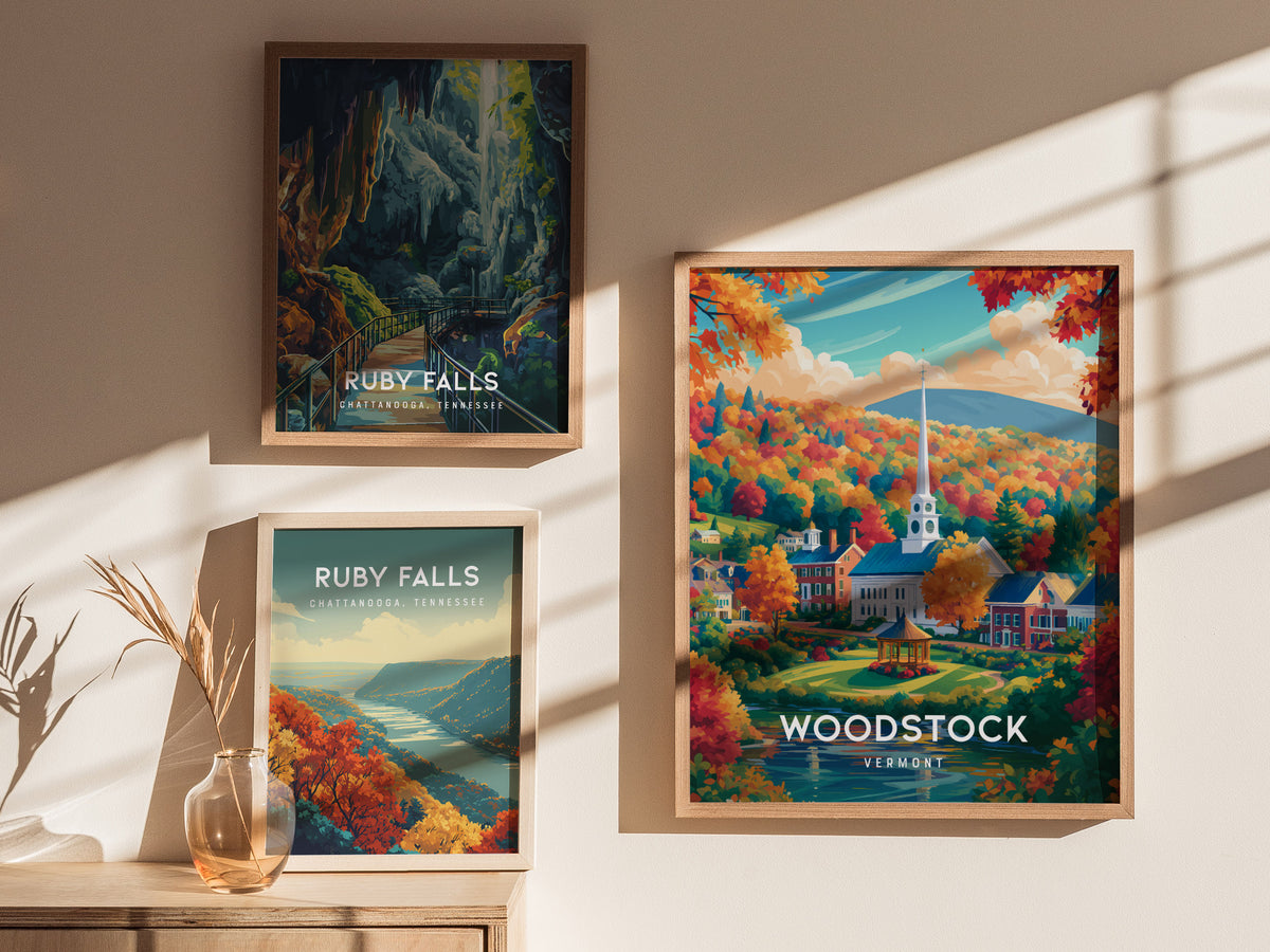 Woodstock, Vermont Poster | New England Covered Bridge Vacation Wall Art — styled in a modern interior