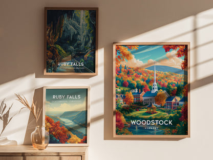 Woodstock, Vermont Poster | New England Covered Bridge Vacation Wall Art — styled in a modern interior