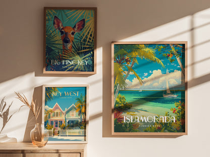 Framed wall art featuring vibrant posters of Big Pine Key, Key West, and Islamorada, Florida Keys, is displayed on a sunlit wall. A vase with dried plants sits nearby.