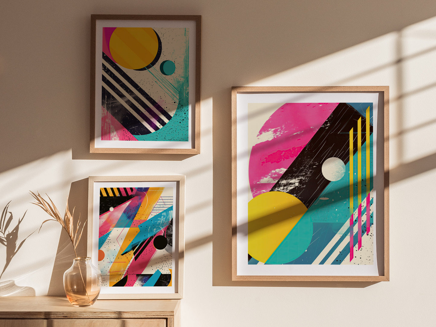 Three framed posters featuring vibrant 1980s abstract designs with bold geometric shapes and bright colors, displayed on a wall with sunlight casting shadows. A vase with dried plants is nearby.