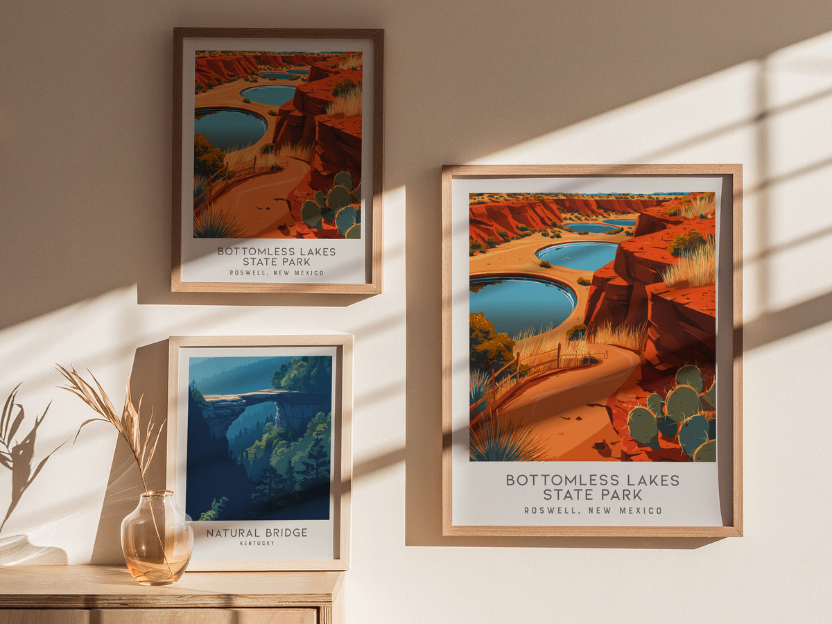 Bottomless Lakes State Park Matte Border Poster | Roswell, New Mexico Travel Wall Art — styled in a modern interior