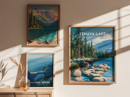 Tenaya Lake, Yosemite National Park, California Poster | Mountain Lake Vacation Wall Art — styled in a modern interior