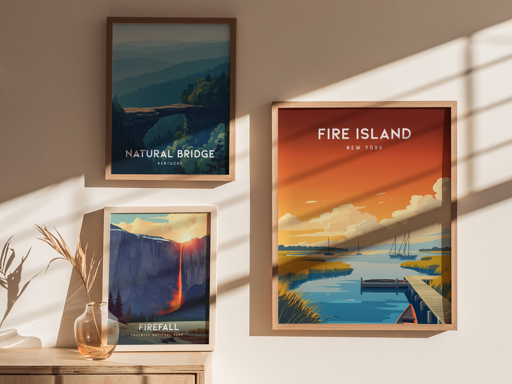 Fire Island, New York Poster | Dunes & Lighthouse Seaside Wall Art — styled in a modern interior