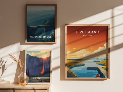 Fire Island, New York Poster | Dunes & Lighthouse Seaside Wall Art — styled in a modern interior