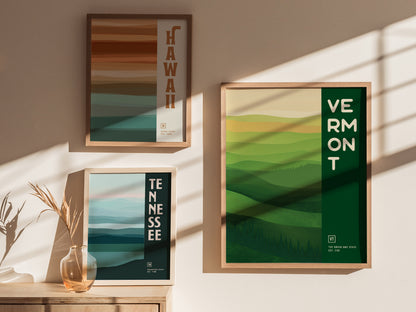 Three framed posters of Hawaii, Tennessee, and Vermont with abstract landscape designs hang on a wall. Sunlight casts shadows, and a vase with dried plants sits below.
