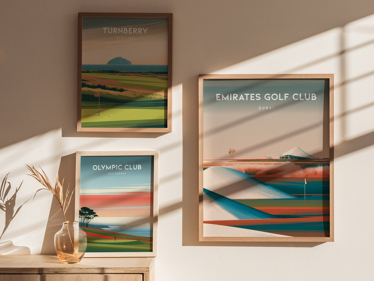 Emirates Golf Club, Dubai Poster | Golfer Gift & Links Wall Art — styled in a modern interior