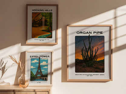 Gallery wall featuring the Organ Pipe Cactus poster paired with other desert and national park prints