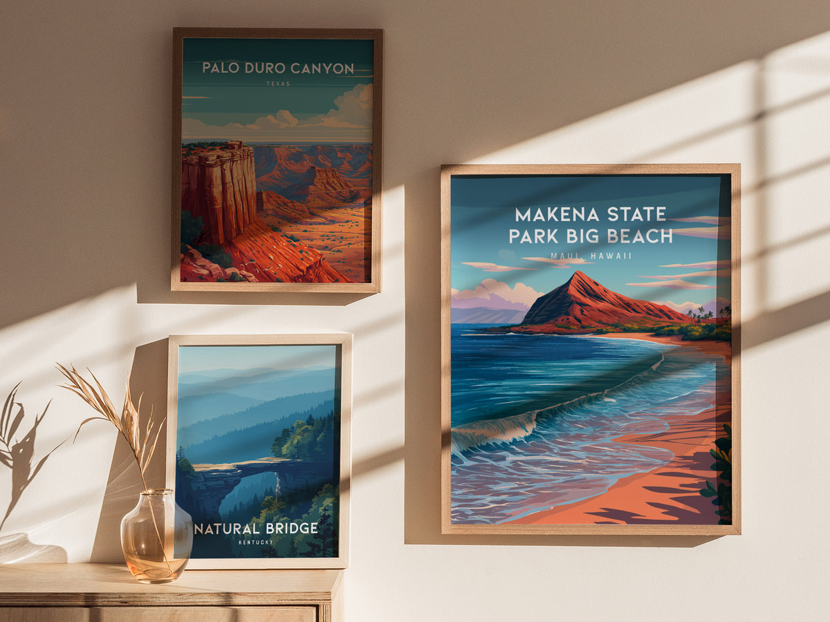Makena State Park Big Beach, Maui, Hawaii Poster | Tropical Beach Print Wall Art — styled in a modern interior