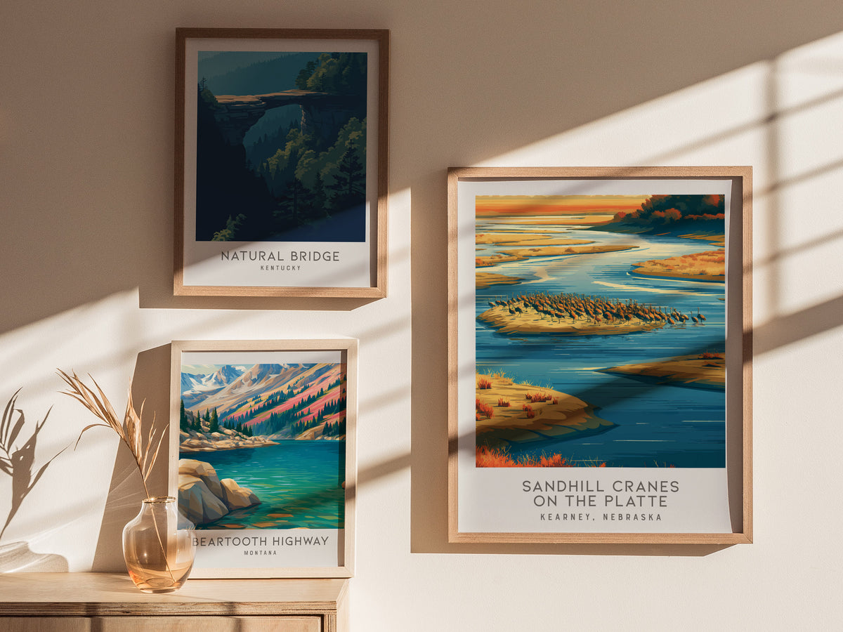 Sandhill Cranes on the Platte Matte Border Poster | Kearney, Nebraska Destination Print — styled in a modern interior
