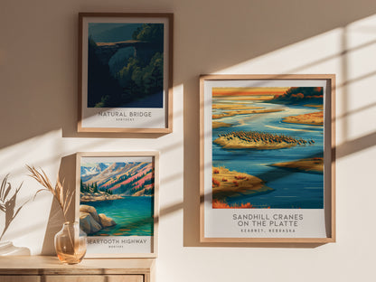 Sandhill Cranes on the Platte Matte Border Poster | Kearney, Nebraska Destination Print — styled in a modern interior